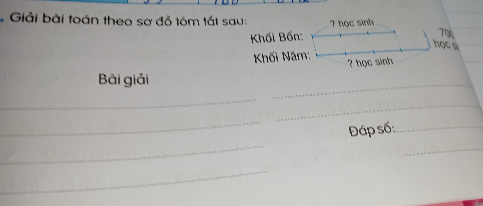 Giải bài toán theo sơ đồ tóm tắt sau: 
? học sinh 
Khối Bốn:
700
học sì 
Khối Năm: 
? học sinh 
_ 
Bài giải 
_ 
_ 
_ 
_ 
Đáp số:_ 
_ 
_