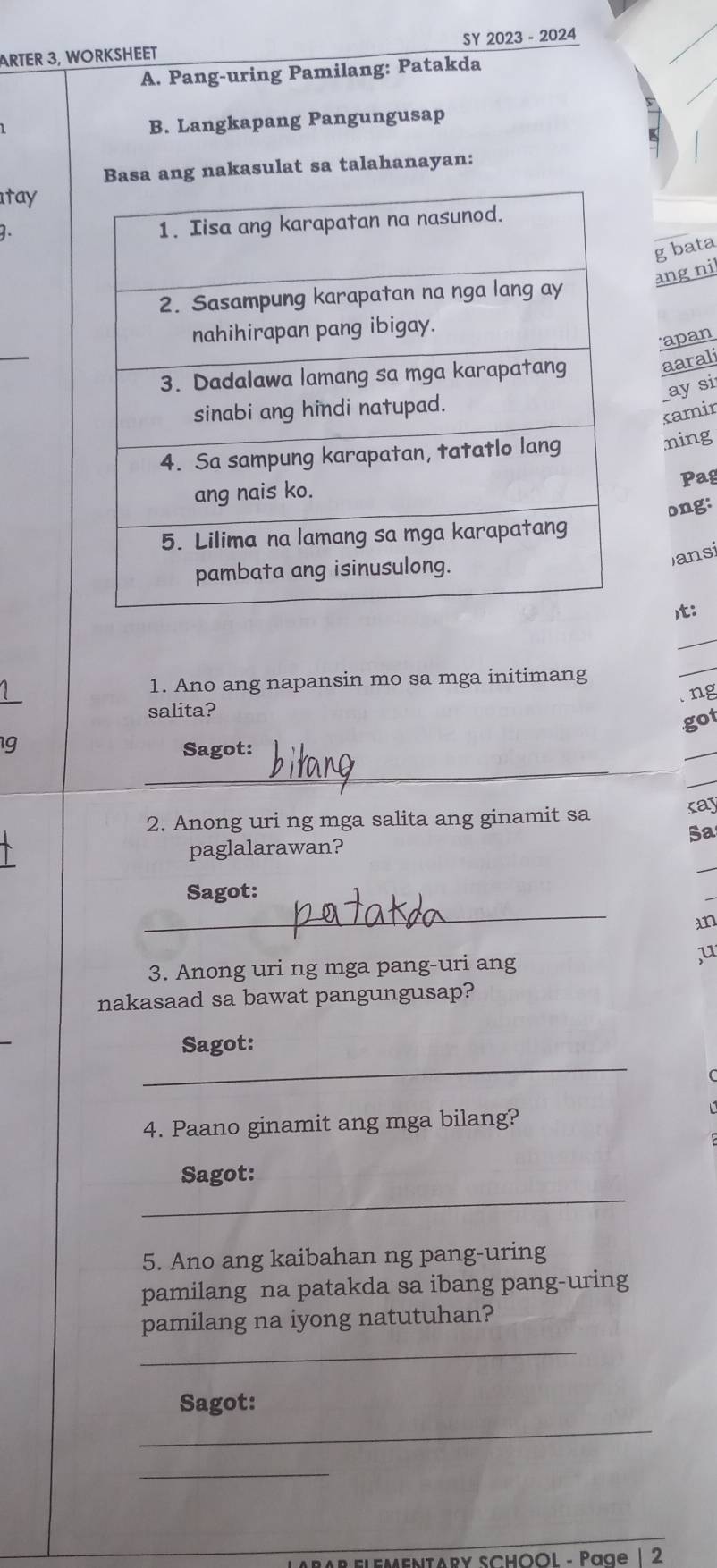 Solved: ARTER 3, WORKSHEET SY 2023 - 2024 A. Pang-uring Pamilang ...