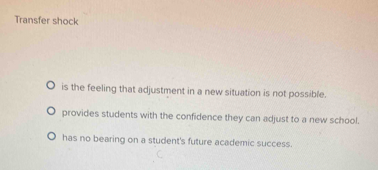 Transfer shock
is the feeling that adjustment in a new situation is not possible.
provides students with the confidence they can adjust to a new school.
has no bearing on a student's future academic success.