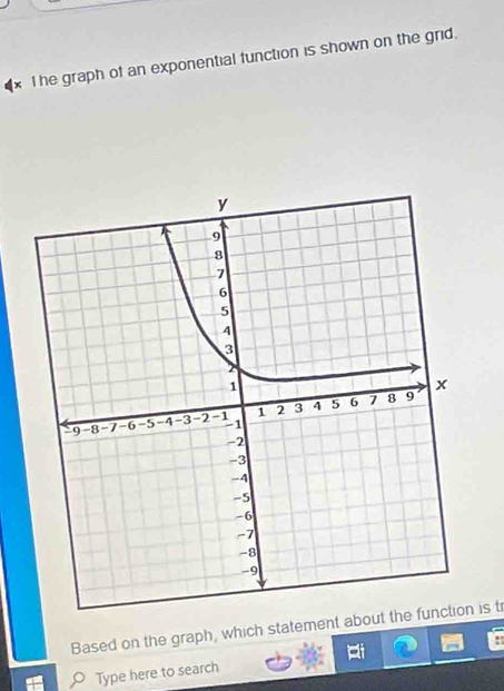 he graph of an exponential function is shown on the grid. 
Based on the graph, which statement aboutn is t 
Type here to search