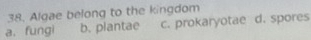 Algae belong to the kingdom
a.fungi b. plantae c. prokaryotae d. spores