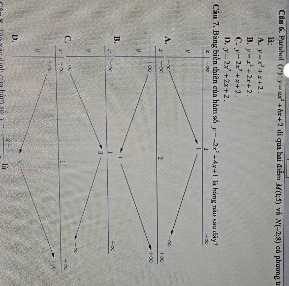 Câu 6, Parabol (P):y=ax^2+bx+2 đi qua hai điểm M(1;5) và N(-2;8) có phương tr
là:
A. y=x^2+x+2.
B. y=x^2+2x+2.
C. y=2x^2+x+2.
D. y=2x^2+2x+2. 
Câu 7. Bảng biến thiên của hàm số y=-2x^2+4x+1 là bảng nào sau đây?
x -∞ +∞
2
1
y
A. -∞ -∞
x -∞ +∞
2
+∞
+∞
y
B.
1
x -∞
1
+∞
3
y
-∞
C. -∞
x -∞
1
+∞
+∞
+∞
y
D.
3
8. Tên váa định của hàm số v=frac x-1 là