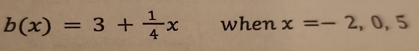 b(x)=3+ 1/4 x when x=-2, 0, 5