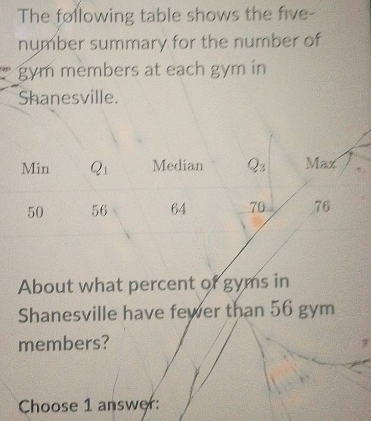 The following table shows the five-
number summary for the number of
gym members at each gym in
Shanesville.
Max
76
About what percent of gyms in
Shanesville have fewer than 56 gym
members?
Choose 1 answer: