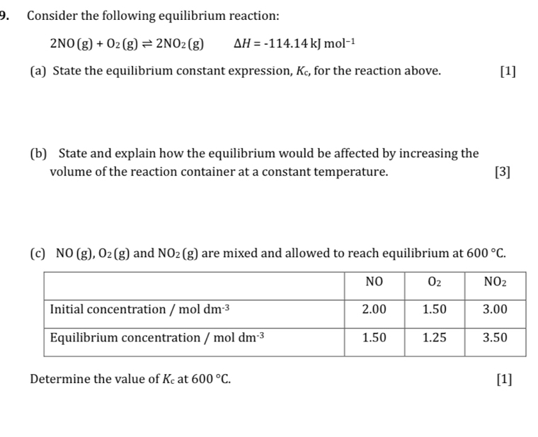 Consider the following equilibrium reaction:
2NO(g)+O_2(g)leftharpoons 2NO_2(g) Delta H=-114.14kJmol^(-1)
(a) State the equilibrium constant expression, K_c, , for the reaction above. [1]
(b) State and explain how the equilibrium would be affected by increasing the
volume of the reaction container at a constant temperature. [3]
(c) NO(g),O_2(g) and NO_2(g) are mixed and allowed to reach equilibrium at 600°C.
Determine the value of K_c at 600°C. [1]