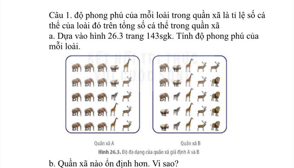 độ phong phú của mỗi loài trong quần xã là tỉ lệ số cá 
thể của loài đó trên tổng số cá thể trong quần xã
a. Dựa vào hình 26.3 trang 143sgk. Tính độ phong phú của 
mỗi loài. 
Quần xã A Quần xã B 
Hình 26.3. Độ đa dạng của quần xã giả định A và B
b. Quần xã nào ồn định hơn. Vi sao?