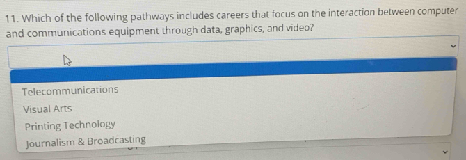 Which of the following pathways includes careers that focus on the interaction between computer
and communications equipment through data, graphics, and video?
Telecommunications
Visual Arts
Printing Technology
Journalism & Broadcasting
