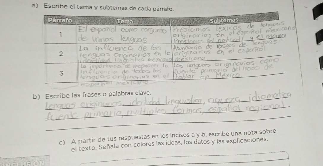 Escribe el tema y subtemas de cada párrafo. 
_ 
b) Escribe las frases o palabras clave. 
_ 
_ 
c) A partir de tus respuestas en los incisos a y b, escribe una nota sobre 
__ 
el texto. Señala con colores las ideas, los datos y las explicaciones.