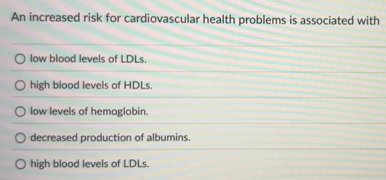 Solved: An increased risk for cardiovascular health problems is ...