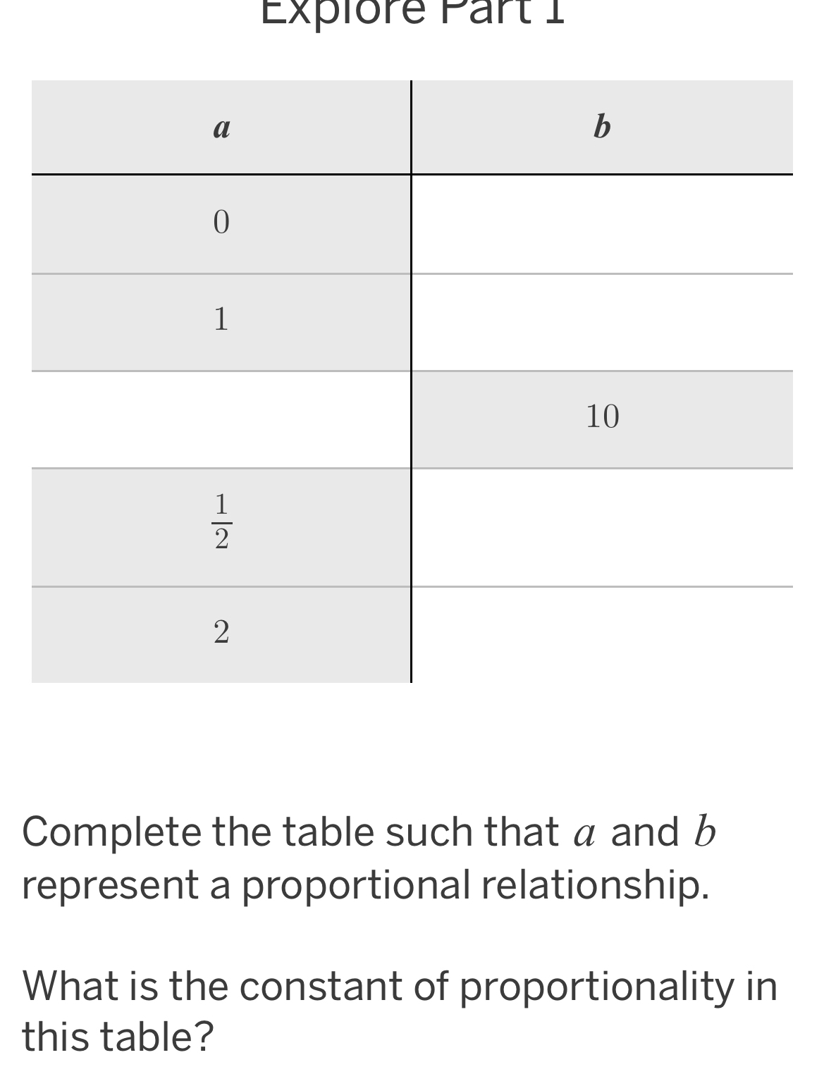 Explore Part 1
Complete the table such that α and b
represent a proportional relationship.
What is the constant of proportionality in
this table?