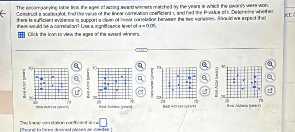 The accompanying table lists the ages of acting award winners matched by the years in which the awards were won. 
Construct a scatterplot, find the value of the linear correlation coefficient r, and find the P -value of r. Determine whether 
there is sufficient evidence to support a claim of linear correlation between the two variables. Should we expect that ect:( 
there would be a correlation? Use a significance level of alpha =0.05. 
Click the icon to view the ages of the award winners. 


The linear correlation coefficient is r=□. 
(Round to three decimal places as needed.)