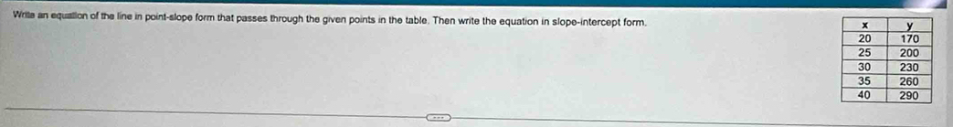 Wrila an equalion of the line in point-slope form that passes through the given points in the table. Then write the equation in slope-intercept form.