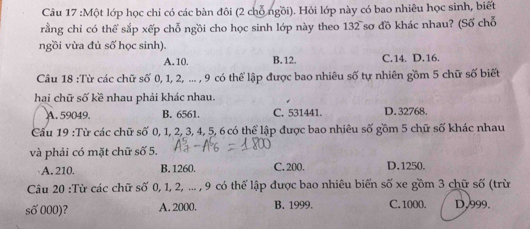 Giải quyết:Một lớp học chỉ có các bàn đôi (2 chỗ ngồi). Hỏi lớp này có ...