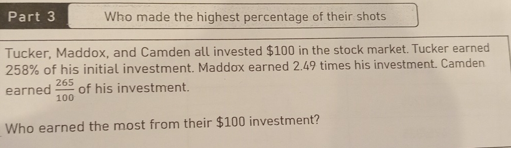 Who made the highest percentage of their shots 
Tucker, Maddox, and Camden all invested $100 in the stock market. Tucker earned
258% of his initial investment. Maddox earned 2.49 times his investment. Camden 
earned  265/100  of his investment. 
Who earned the most from their $100 investment?