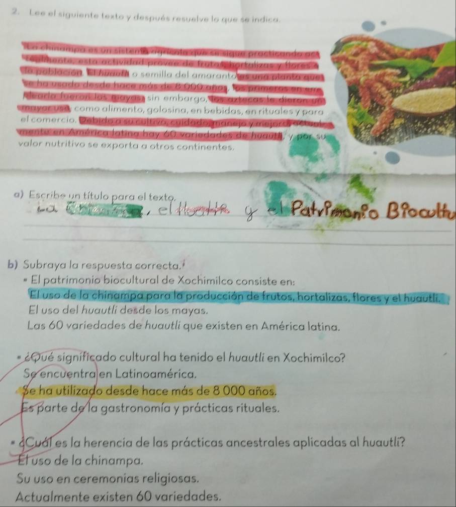 Lee el siguiente texto y después resuelve lo que se indica.
La chínampa es un sistenta agrícnía que se sique practicando ao
teplmente, esta actividad provee de frotas, hortalizas y flores A
la población. El huanta o semilla del amaranto as una planta que
se ha usado desde hace más de 8 000 años, los prmeros en ene
Mearía fuerón las mayas sin embargo, los azteças la dieron v n
mayar úsá, como alimento, golosina, en bebidas, en rituales y para
el comercio. Dobido a su cultivo, cuídado mancjo y mejoro, actual
mente en América latina hay 60 variedades de huautii, y por su
valor nutritivo se exporta a otros continentes.
a) Escribe un título para el texto.
_Bîmonfo Bloalh
_
_
b) Subraya la respuesta correcta.
El patrimonio biocultural de Xochimilco consiste en:
El uso de la chinampa para la producción de frutos, hortalizas, flores y el huautli.
El uso del huautli desde los mayas.
Las 60 variedades de huautli que existen en América latina.
¿Qué signíficado cultural ha tenido el huautli en Xochimilco?
Se encuentra en Latinoamérica.
Se ha utilizado desde hace más de 8 000 años.
Es parte de la gastronomía y prácticas rituales.
* ¿Cuál es la herencia de las prácticas ancestrales aplicadas al huautli?
El uso de la chinampa.
Su uso en ceremonias religiosas.
Actualmente existen 60 variedades.