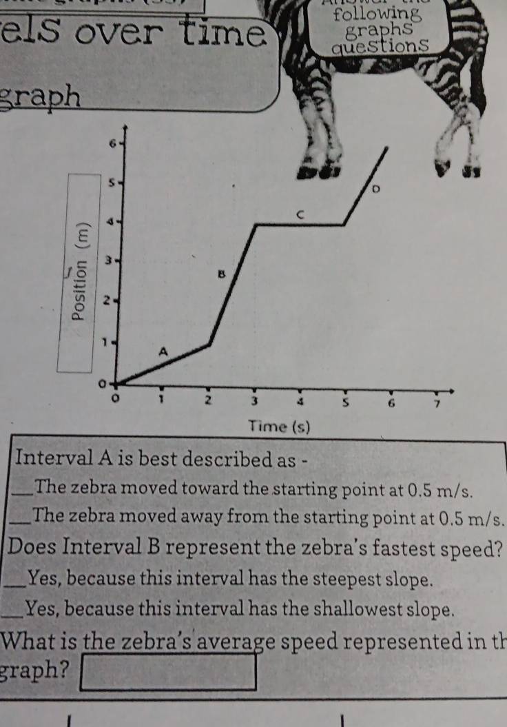 following
els over time
graph
I
_The zebra moved toward the starting point at 0.5 m/s.
_The zebra moved away from the starting point at 0.5 m/s.
Does Interval B represent the zebra’s fastest speed?
_Yes, because this interval has the steepest slope.
_Yes, because this interval has the shallowest slope.
What is the zebra's average speed represented in th
graph?