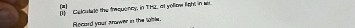 (1) Calculate the frequency, in THz, of yellow light in air. 
Record your answer in the table.