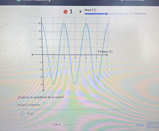 Nivel 2① 
1 /2 habilidades 
¿Cuál es la amplitud de la onda? 
Escoge 1 respuesta:
4m
2 de 4 Saltar Camn