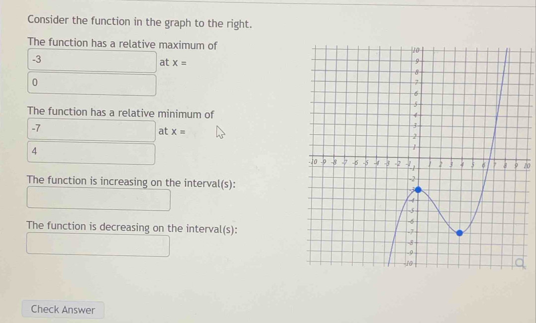 Consider the function in the graph to the right. 
The function has a relative maximum of
-3
at x=
0
The function has a relative minimum of
-7
at x=
4
t0 
The function is increasing on the interval(s): 
The function is decreasing on the interval(s): 
Check Answer