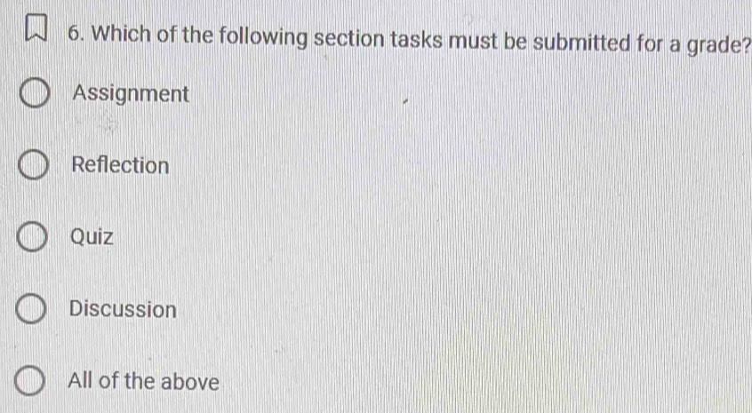 Which of the following section tasks must be submitted for a grade?
Assignment
Reflection
Quiz
Discussion
All of the above