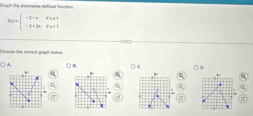 Graph the piecewise-defined function.
f(x)=beginarrayl -2-xifx≤ 1 -3+2xifx>1endarray.
Choose the correct graph below. 
A. 
B. 
C. 
D.
y
y
5
y
5
5
x
Q χ
-5 5 -5 5 -5 5
-5
5