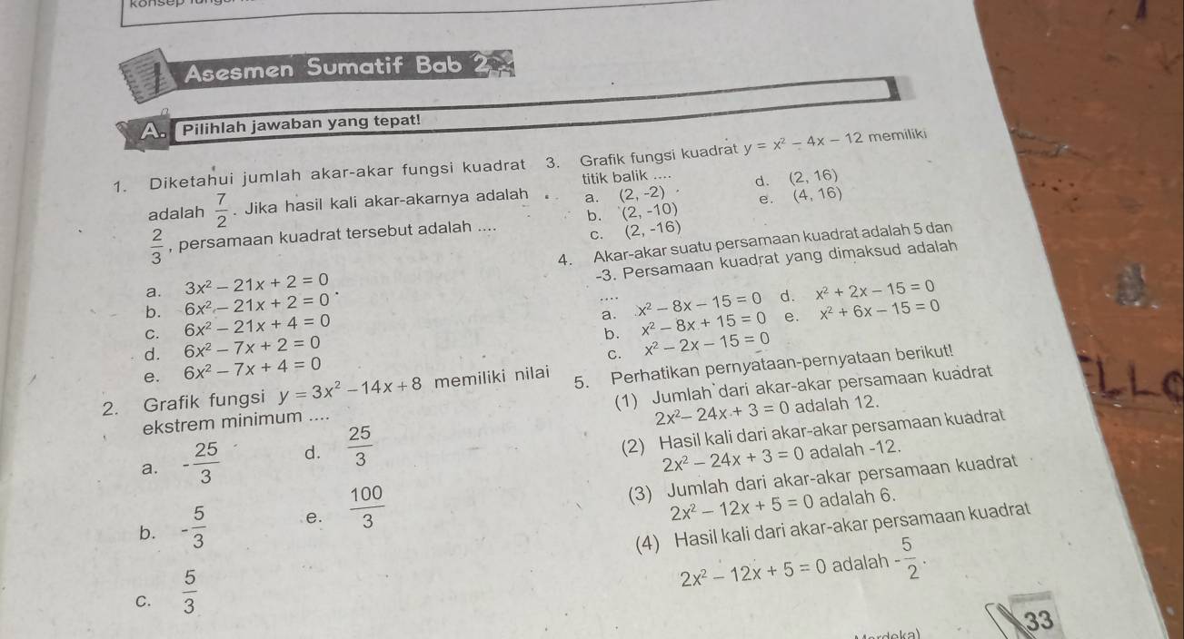 Asesmen Sumatif Bab
A Pilihlah jawaban yang tepat!
1. Diketahui jumlah akar-akar fungsi kuadrat 3. Grafik fungsi kuadrat y=x^2-4x-12 memiliki
titik balik ....
adalah  7/2 . Jika hasil kali akar-akarnya adalah a. (2,-2)· d. (2,16)
 2/3  , persamaan kuadrat tersebut adalah .... b. (2,-10) e. (4,16)
C. (2,-16)
4. Akar-akar suatu persamaan kuadrat adalah 5 dan
-3. Persamaan kuadrat yang dimaksud adalah
a. 3x^2-21x+2=0
b. 6x^2-21x+2=0 x^2-8x-15=0 d. x^2+2x-15=0. .
C. 6x^2-21x+4=0
a. x^2-8x+15=0 e. x^2+6x-15=0
d. 6x^2-7x+2=0
b. x^2-2x-15=0
e. 6x^2-7x+4=0
C.
2. Grafik fungsi y=3x^2-14x+8 memiliki nilai 5. Perhatikan pernyataan-pernyataan berikut!
ekstrem minimum .... (1) Jumlah`dari akar-akar persamaan kuadrat
2x^2-24x+3=0 adalah 12.
a. - 25/3  d.  25/3 
(2) Hasil kali dari akar-akar persamaan kuadrat
2x^2-24x+3=0 adalah -12.
b. - 5/3  e.  100/3  (3) Jumlah dari akar-akar persamaan kuadrat
2x^2-12x+5=0 adalah 6.
(4) Hasil kali dari akar-akar persamaan kuadrat
2x^2-12x+5=0 adalah - 5/2 .
C.  5/3 
33