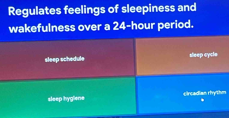 Regulates feelings of sleepiness and
wakefulness over a 24-hour period.
sleep cycle
sleep schedule
sleep hygiene circadian rhythm