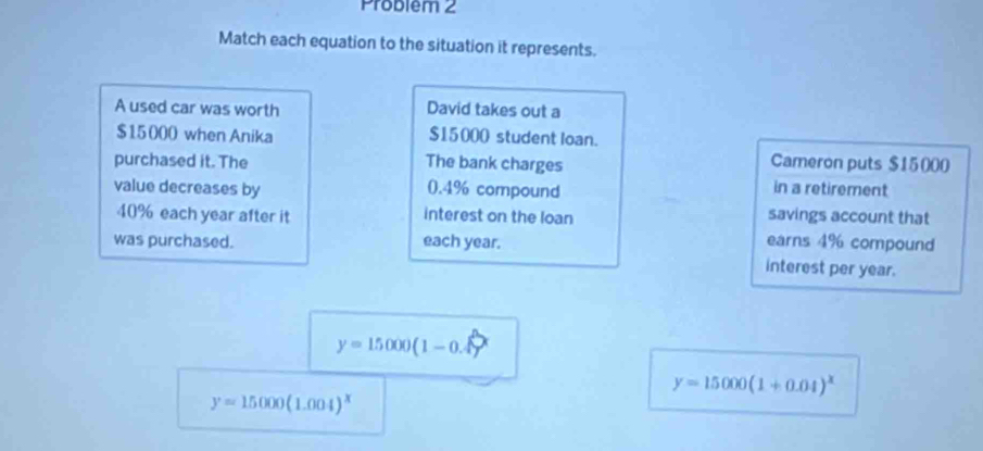 Problem 2
Match each equation to the situation it represents.
A used car was worth David takes out a
$15000 when Anika $15000 student loan.
purchased it. The The bank charges
Cameron puts $15000
value decreases by 0.4% compound
in a retirement
40% each year after it interest on the loan savings account that
was purchased. each year. earns 4% compound
interest per year.
y=15000(1-0.4)^x
y=15000(1+0.04)^x
y=15000(1.004)^x