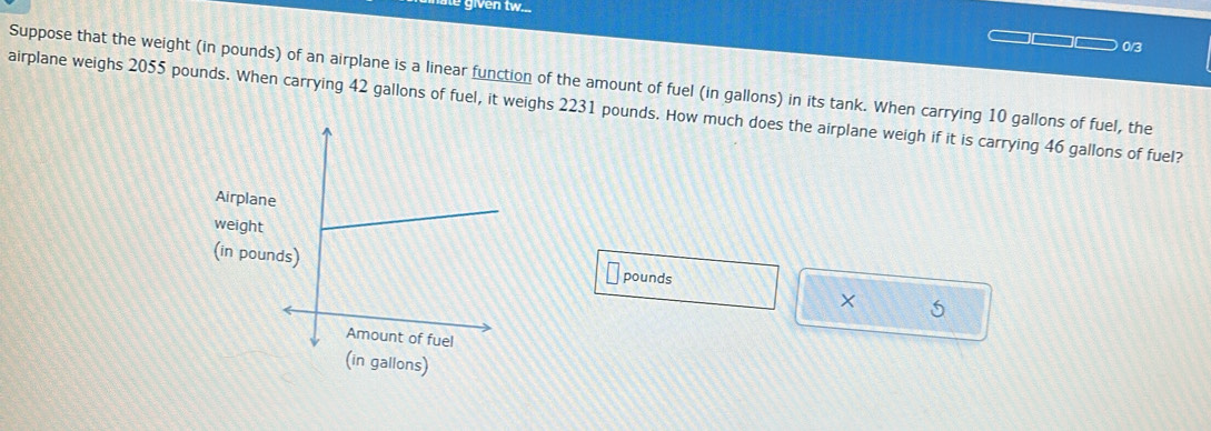 given tw... 
0/3 
Suppose that the weight (in pounds) of an airplane is a linear function of the amount of fuel (in gallons) in its tank. When carrying 10 gallons of fuel, the 
airplane weighs 2055 pounds. When carrying 42 gallons of fuel, it weighs 2231 pounds. How much does the airplane weigh if it is carrying 46 gallons of fuel? 
Airplan 
weight 
(in poupounds 
× 5
(in gallons)