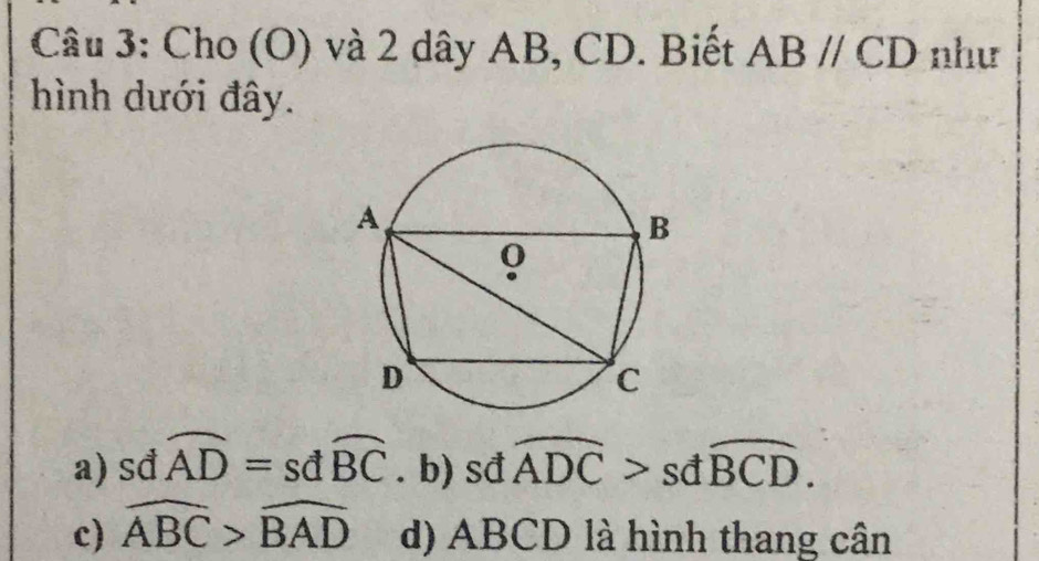 Cho (O) và 2 dây AB, CD. Biết ABparallel CD như
hình dưới đây.
a) sdwidehat AD=sdwidehat BC. b) sđ widehat ADC>sdwidehat BCD.
c) widehat ABC>widehat BAD d) ABCD là hình thang cân