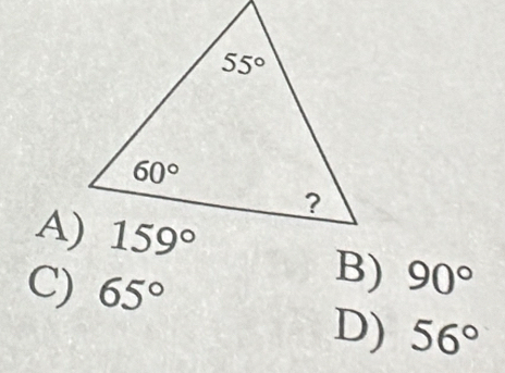 A)
C) 65°
B) 90°
D) 56°