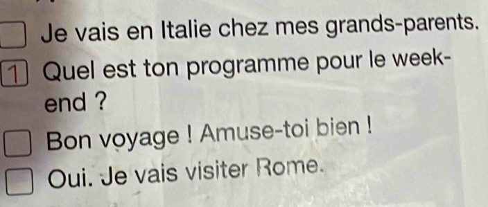 Je vais en Italie chez mes grands-parents. 
1 Quel est ton programme pour le week- 
end ? 
Bon voyage ! Amuse-toi bien ! 
Oui. Je vais visiter Rome.