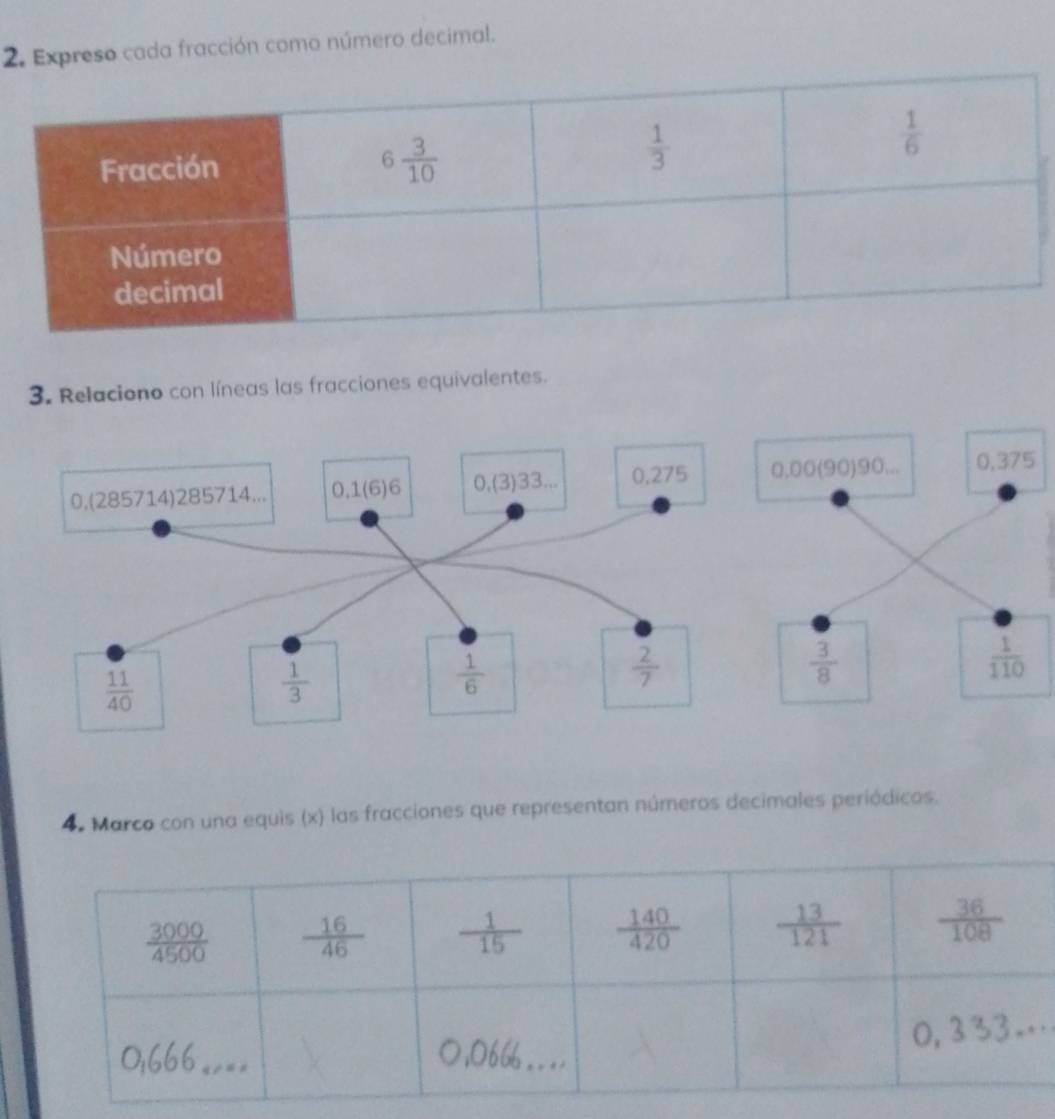 Expreso cada fracción como número decimal.
3. Relaciono con líneas las fracciones equivalentes.
4. Marco con una equis (x) las fracciones que representan números decimales periódicos.