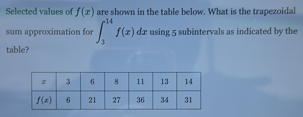 Selected values of f(x) are shown in the table below. What is the trapezoidal
sum approximation for ∈t _3^(14)f(x)dx using 5 subintervals as indicated by the
table?