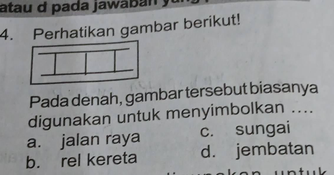 atau d pada jawaban y
4. Perhatikan gambar berikut!
Pada denah, gambar tersebut biasanya
digunakan untuk menyimbolkan ....
a. jalan raya
c. sungai
b. rel kereta
d. jembatan