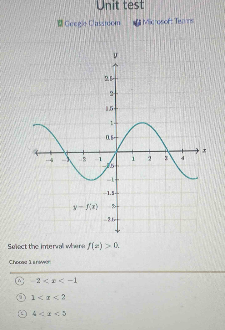 Unit test
Google Classroom Microsoft Teams
Select the interval where f(x)>0.
Choose 1 answer:
^ -2
1
4