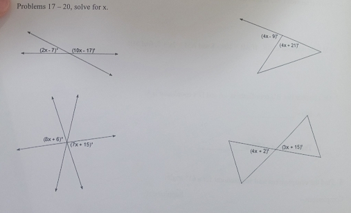 Problems 17 - 20, solve for x
(3x+6)^circ 
(7x+15)^circ 