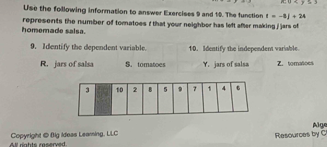 R:0
Use the following information to answer Exercises 9 and 10. The function t=-8j+24
represents the number of tomatoes f that your neighbor has left after making j jars of
homemade salsa.
9. Identify the dependent variable. 10. Identify the independent variable.
R. jars of salsa S. tomatoes Y. jars of salsa Z. tomatoes
Alge
Copyright © Big Ideas Learning, LLC
Resources by C
All rights reserved.