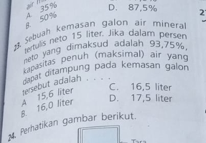 B. 50% 4. 35% air m
D. 87,5% 2
23. Sebuah kemasan galon air mineral
tertulis neto 15 liter. Jika dalam persen
neto yang dimaksud adalah 93,75%,
kapasitas penuh (maksimal) air yang
dapat ditampung pada kemasan galon
C. 16,5 liter
B. 16,0 liter A 15,6 liter tersebut adalah . . . .
D. 17,5 liter
24. Perhatikan gambar berikut.
Tara