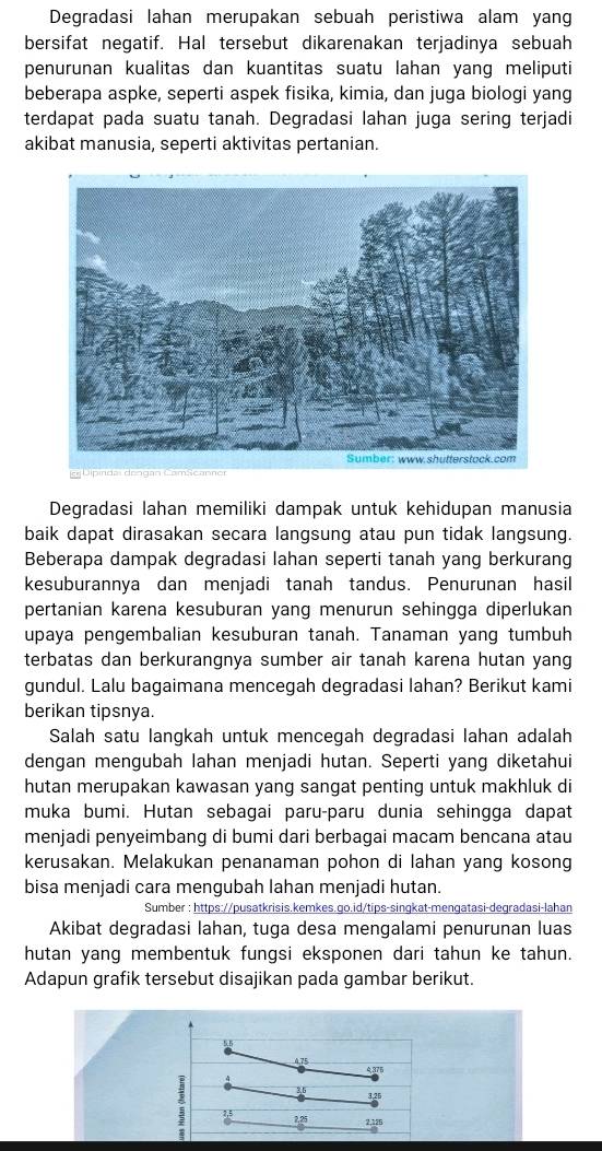 Degradasi Iahan merupakan sebuah peristiwa alam yang
bersifat negatif. Hal tersebut dikarenakan terjadinya sebuah
penurunan kualitas dan kuantitas suatu lahan yang meliputi
beberapa aspke, seperti aspek fisika, kimia, dan juga biologi yang
terdapat pada suatu tanah. Degradasi lahan juga sering terjadi
akibat manusia, seperti aktivitas pertanian.
Degradasi lahan memiliki dampak untuk kehidupan manusia
baik dapat dirasakan secara langsung atau pun tidak langsung.
Beberapa dampak degradasi lahan seperti tanah yang berkurang
kesuburannya dan menjadi tanah tandus. Penurunan hasil
pertanian karena kesuburan yang menurun sehingga diperlukan
upaya pengembalian kesuburan tanah. Tanaman yang tumbuh
terbatas dan berkurangnya sumber air tanah karena hutan yang
gundul. Lalu bagaimana mencegah degradasi lahan? Berikut kami
berikan tipsnya.
Salah satu langkah untuk mencegah degradasi lahan adalah
dengan mengubah lahan menjadi hutan. Seperti yang diketahui
hutan merupakan kawasan yang sangat penting untuk makhluk di
muka bumi. Hutan sebagai paru-paru dunia sehingga dapat
menjadi penyeimbang di bumi dari berbagai macam bencana atau
kerusakan. Melakukan penanaman pohon di lahan yang kosong
bisa menjadi cara mengubah lahan menjadi hutan.
Sumber : https://pusatkrisis.kemkes.go.id/tips-sinqkat-menqatasi-degradasi-lahan
Akibat degradasi lahan, tuga desa mengalami penurunan luas
hutan yang membentuk fungsi eksponen dari tahun ke tahun.
Adapun grafik tersebut disajikan pada gambar berikut.
55
4.75
36
3.25
: 2.25 2,126