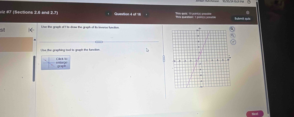 10/20/24 10:31 PM 
uiz #7 (Sections 2.6 and 2.7) Question 4 of 16 This quiz: 19 point(s) possible 
This question: 1 point(s) possible Submit quiz 
Use the graph of f to draw the graph of its inverse function. 
st 
Use the graphing tool to graph the function. 
Click to 
enlarge 
graph 
Next