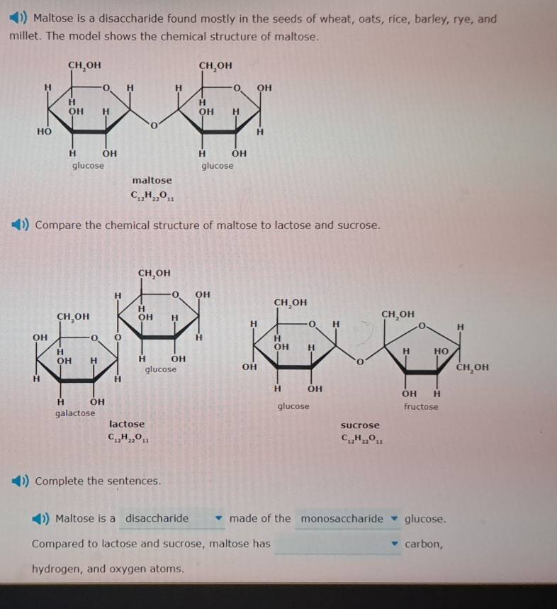 Maltose is a disaccharide found mostly in the seeds of wheat, oats, rice, barley, rye, and
millet. The model shows the chemical structure of maltose.
C_12H_22O_11
Compare the chemical structure of maltose to lactose and sucrose.

C_12H_22O_11
Complete the sentences.
_
Maltose is a disaccharide made of the monosaccharide glucose.
_
Compared to lactose and sucrose, maltose has carbon,
hydrogen, and oxygen atoms.