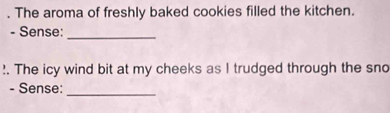 The aroma of freshly baked cookies filled the kitchen. 
- Sense:_ 
?. The icy wind bit at my cheeks as I trudged through the sno 
- Sense:_