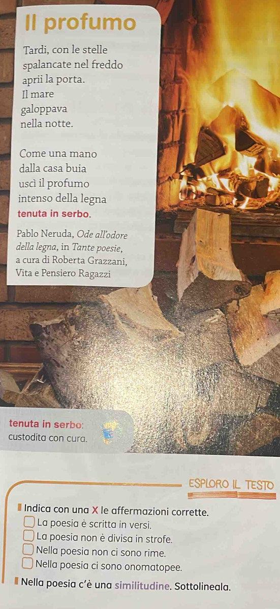 Il profumo 
Tardi, con le stelle 
spalancate nel freddo 
aprii la porta. 
Il mare 
galoppava 
nella notte. 
Come una mano 
dalla casa buia 
uscì il profumo 
intenso della legna 
tenuta in serbo. 
Pablo Neruda, Ode all’odore 
della legna, in Tante poesie, 
a cura di Roberta Grazzani, 
Vita e Pensiero Ragazzi 
tenuta in serbo: 
custodita con cura. 
ESPLORO IL TESTO 
Indica con una X le affermazioni corrette. 
La poesia è scritta in versi. 
La poesia non è divisa in strofe. 
Nella poesia non ci sono rime. 
Nella poesia ci sono onomatopee. 
# Nella poesia c'è una similitudine. Sottolineala.