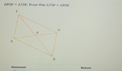 △ RUV≌ △ TSV. Prove that △ TUV≌ △ RSV. 
Statement Reason