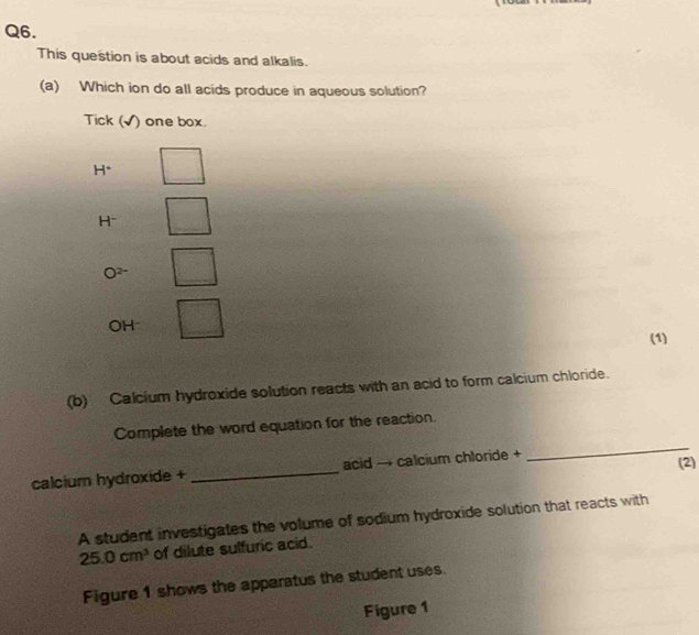 This question is about acids and alkalis.
(a) Which ion do all acids produce in aqueous solution?
Tick (√) one box.
H^+
H
OH
(1)
(b) Calcium hydroxide solution reacts with an acid to form calcium chloride.
Complete the word equation for the reaction.
calcium hydroxide + _acid → calcium chloride +
_
(2)
A student investigates the volume of sodium hydroxide solution that reacts with
25.0cm^3 of dilute sulfuric acid.
Figure 1 shows the apparatus the student uses.
Figure 1