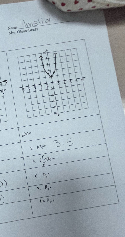 Name 
_ 
Mrs. Olson-Brady 
10
g(x)=
2. f(5)=
4. ( f/g )(8)=
6. D_8 : 
) 
8. R_g : 
) 
10. R_g=f