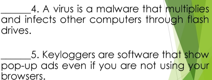 A virus is a malware that multiplies 
and infects other computers through flash 
drives. 
_5. Keyloggers are software that show 
pop-up ads even if you are not using your 
browsers.