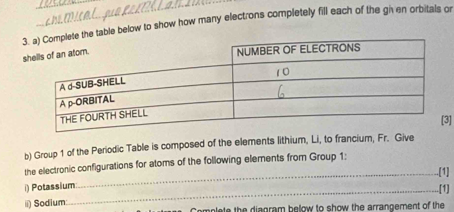 3le below to show how many electrons completely fill each of the given orbitals or 
] 
b) Group 1 of the Periodic Table is composed of the elements lithium, Li, to francium, Fr. Give 
the electronic configurations for atoms of the following elements from Group 1: 
_[1] 
i) Potassium: 
_[1] 
ii) Sodium: 
Complete the diagram below to show the arrangement of the