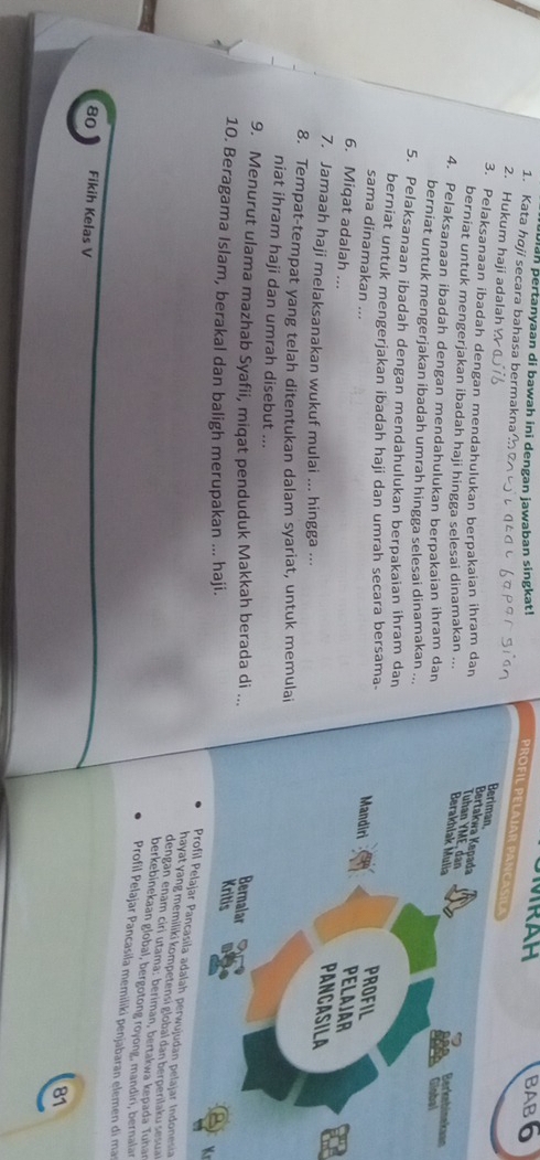 an pertanyaan di bawah ini dengan jawaban singkat! 
MRAH BABO 
1. Kata høji secara bahasa bermakna 
PROFIL PELAÍAR PAN CA 
2. Hukum haji adalah 
3. Pelaksanaan ibadah dengan mendahulukan berpakaian ihram dan 
berniat untuk mengerjakan ibadah haji hingga selesai dinamakan ... 
n 
4. Pelaksanaan ibadah dengan mendahulukan berpakaian ihram dan 
berniat untuk mengerjakan ibadah umrah hingga selesai dinamakan ... 
5. Pelaksanaan ibadah dengan mendahulukan berpakaian ihram dan 
berniat untuk mengerjakan ibadah haji dan umrah secara bersama. 
sama dinamakan ... 
6. Miqat adalah ... 
7. Jamaah haji melaksanakan wukuf mulai ... hingga .. 
8. Tempat-tempat yang telah ditentukan dalam syariat, untuk memulai 
niat ihram haji dan umrah disebut ... 
9. Menurut ulama mazhab Syafii, miqat penduduk Makkah berada di ... 
10. Beragama Islam, berakal dan baligh merupakan ... haji. 
K 
Profil Pelajar Pancasila adalah perwujudan pelajar Indonesia 
hayat yang memiliki kompetensi global dan berperilaku sesua 
dengan enam ciri utama: beriman, bertakwa kepada Tuhan 
berkebinekaan global, bergotong royong, mandiri, bernalar 
Profil Pelajar Pancasila memiliki penjabaran elemen di ma
80 Fikih Kelas V
81